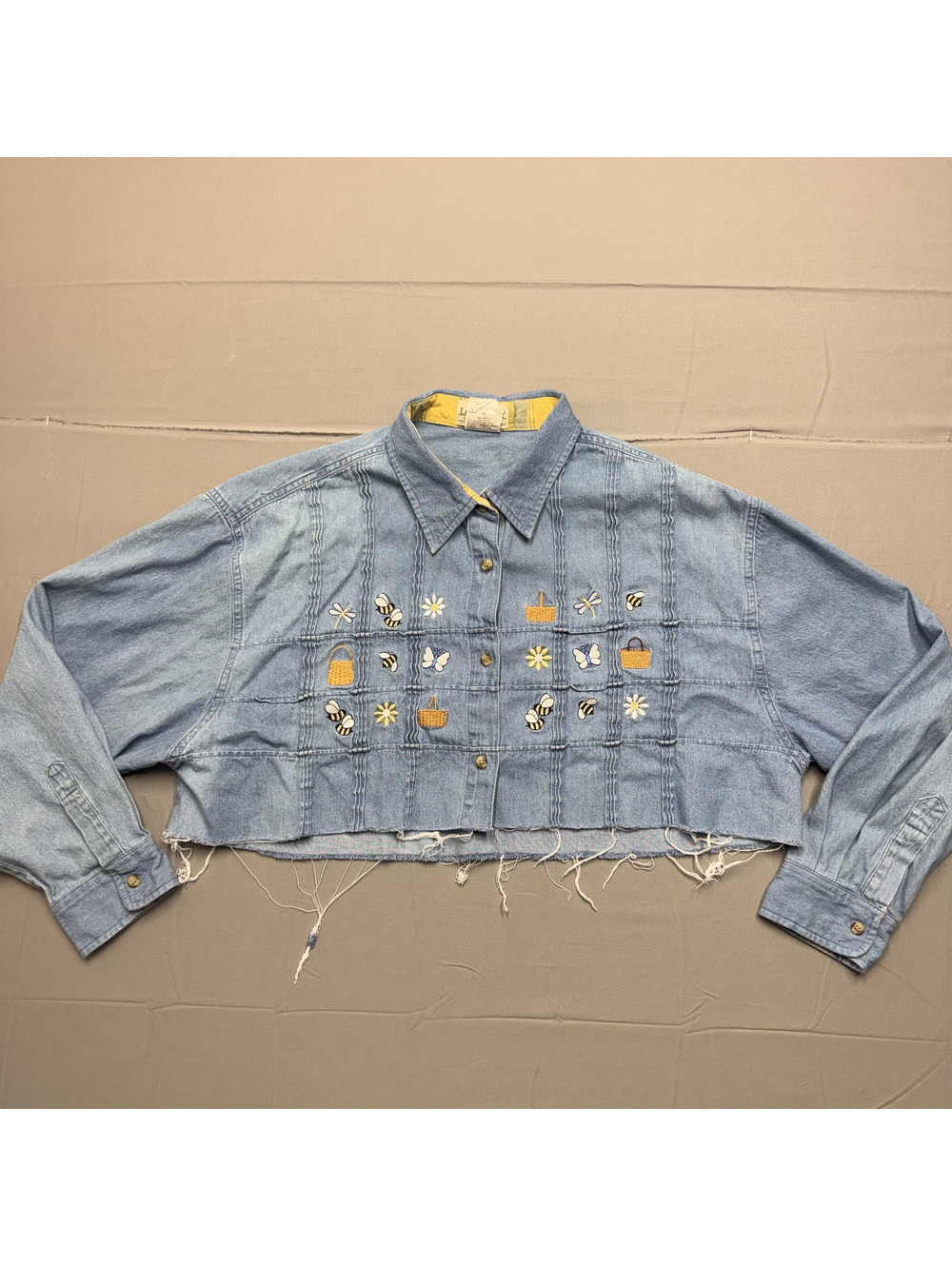 Longaberger Women XL Vintage Denim Cropped Shirt Embroidered Bee Basket Blue